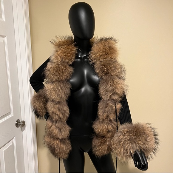 Real raccoon fur cardigan genuine fur collar trench coat parka jacket wool blaze - Picture 2 of 16